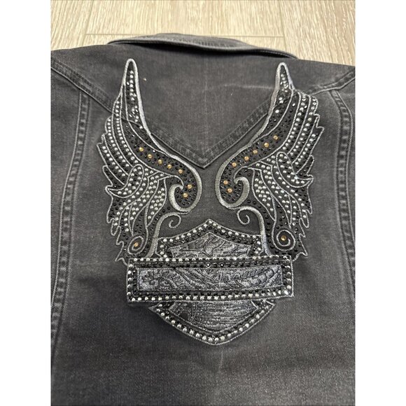 HARLEY DAVIDSON EMBROIDERED WINGED LOGO BLACK FULL ZIP DENIM VEST WOMEN'S SIZE M - Picture 5 of 12